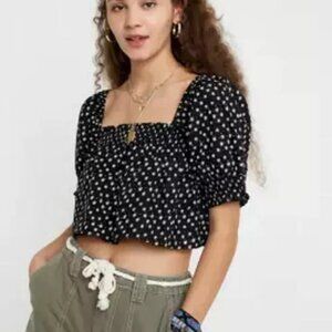 UO Lola Floral Poplin Puff Sleeve Blouse Printed Black Crop Top XS & M